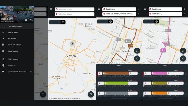 Pantalla de la aplicación Rutometro mostrando rutas y opciones de transporte público en Zamora.