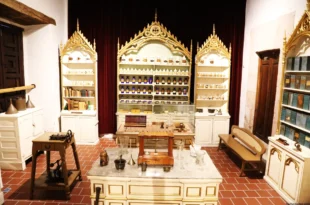 Colección de la Farmacia Mier en el Museo del Estado, exhibiendo botellas, utensilios y productos del siglo XIX.