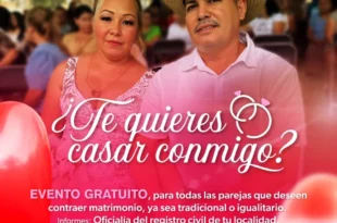 Parejas celebrando su matrimonio en bodas colectivas organizadas por el Registro Civil de Michoacán.