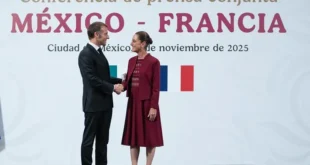 Claudia Sheinbaum y Emmanuel Macron en reunión México-Francia 2025