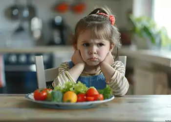 Niña enojada con verduras en la mesa, comida saludable, actitud molesta, niño pequeño con expresiones de irritación en cocina.