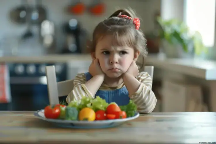 Niña enojada con verduras en la mesa, comida saludable, actitud molesta, niño pequeño con expresiones de irritación en cocina.