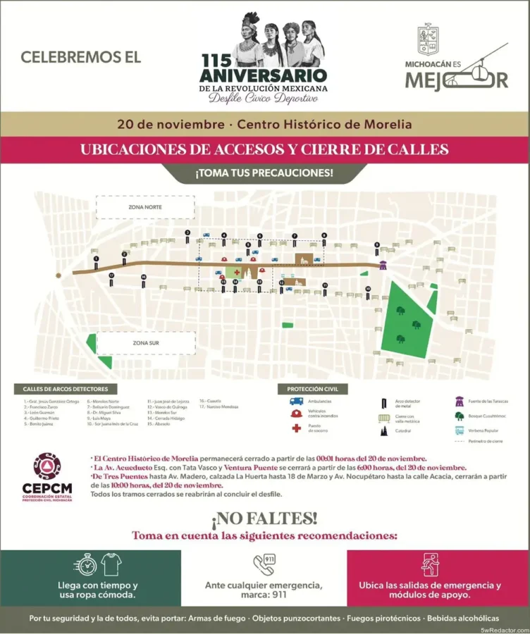 Cierres viales Morelia 20 noviembre 2025 por desfile Revolución Mexicana.