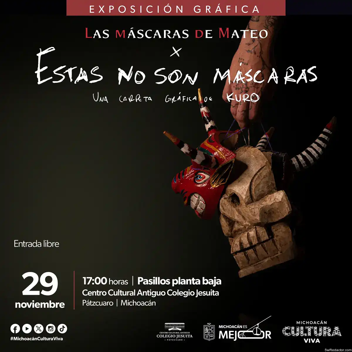 Máscara de Día de Muertos, exposición gráfica en Michoacán, arte tradicional y cultura viva.
