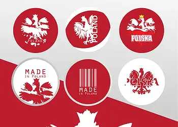 Polonia, logo bandera y escudo nacional en diseño moderno y estilo distintivo.