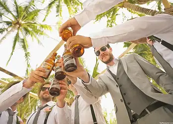 Barras de bebidas en una reunión tropical con personas sonriendo y brindando bajo palmeras.