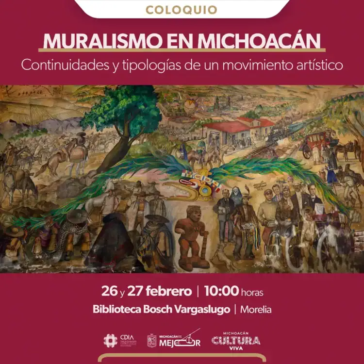 Dibujo de muralismo en Michoacán con personajes y escenas tradicionales en colores vibrantes.