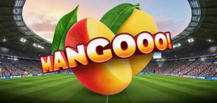 Logo de una fruta mangoo en un estadio de fútbol con cielo al atardecer de fondo.